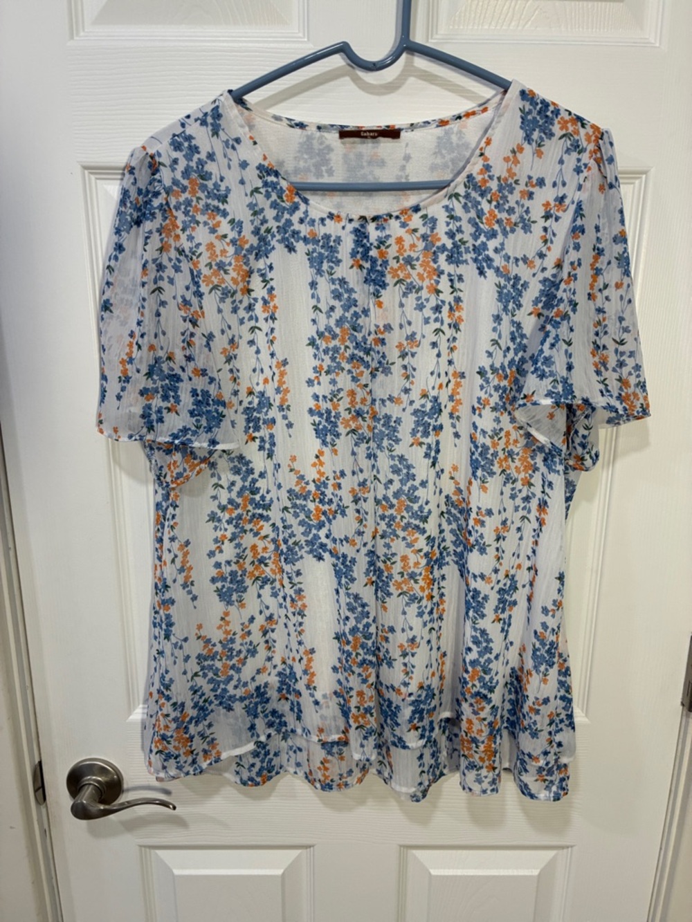 White Floral Short-Sleeve Blouse with Blue & Orange Print